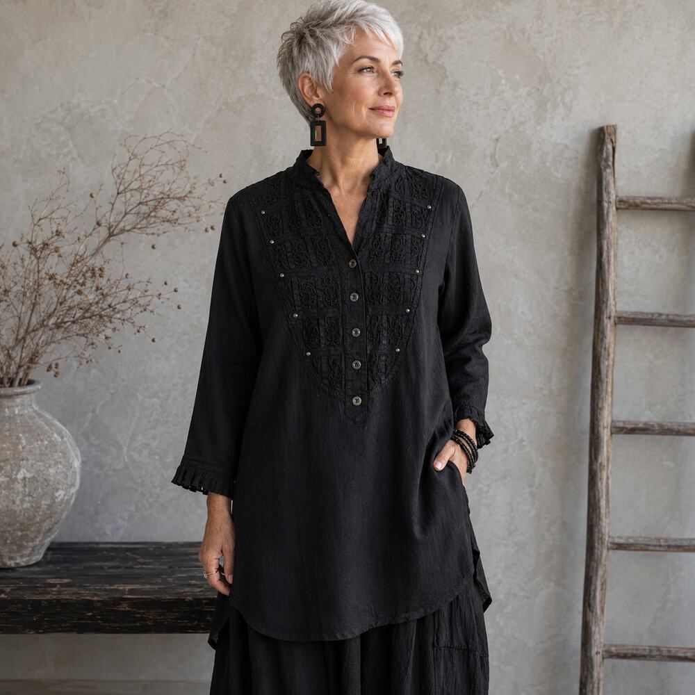 Soft surroundings Black Embroidered Pop Over Tunic Medium